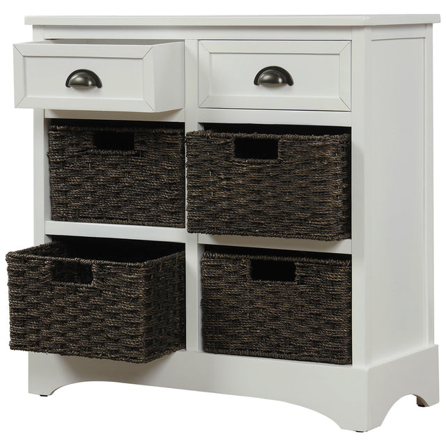 TREXM Rustic Storage Cabinet with Two Drawers and Four  Classic Rattan Basket for Dining Room/Living Room (White)