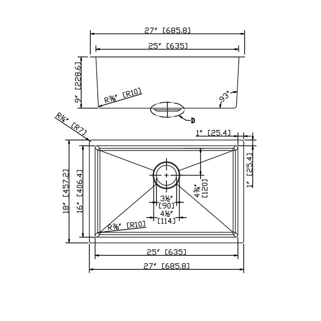 27" L X 18" W Undermount Kitchen Sink With Sink Grid