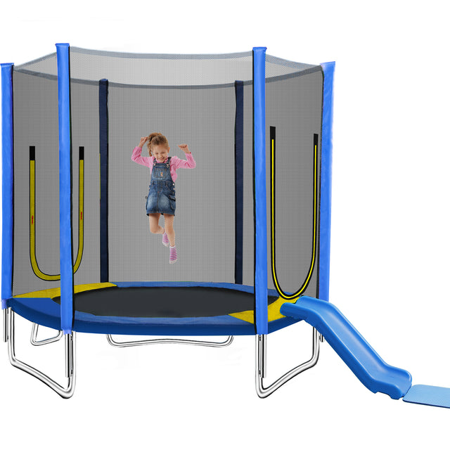 7FT Trampoline for Kids with Safety Enclosure Net, Slide and Ladder, Easy Assembly Round Outdoor Recreational Trampoline