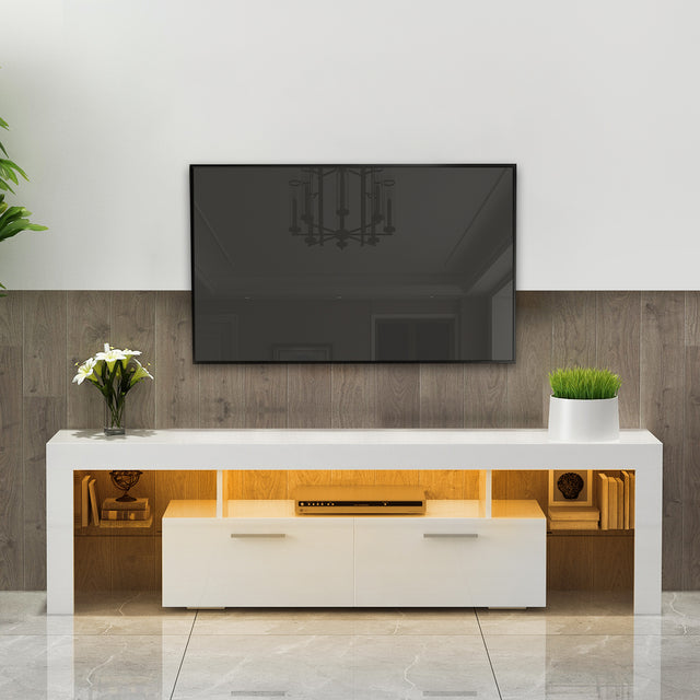 White morden TV Stand with LED Lights,high glossy front TV Cabinet,can be assembled in Lounge Room, Living Room or Bedroom,color:WHITE