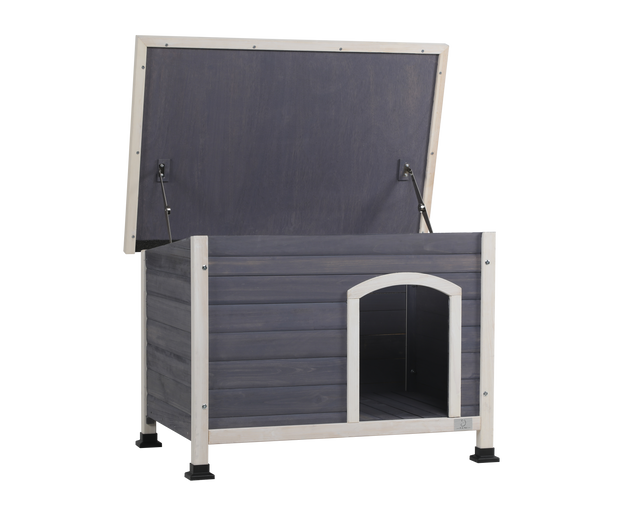 Outdoor Wooden Dog House with Hinges,Raised Feet,Openable Asphalt Roof&Removable Floor