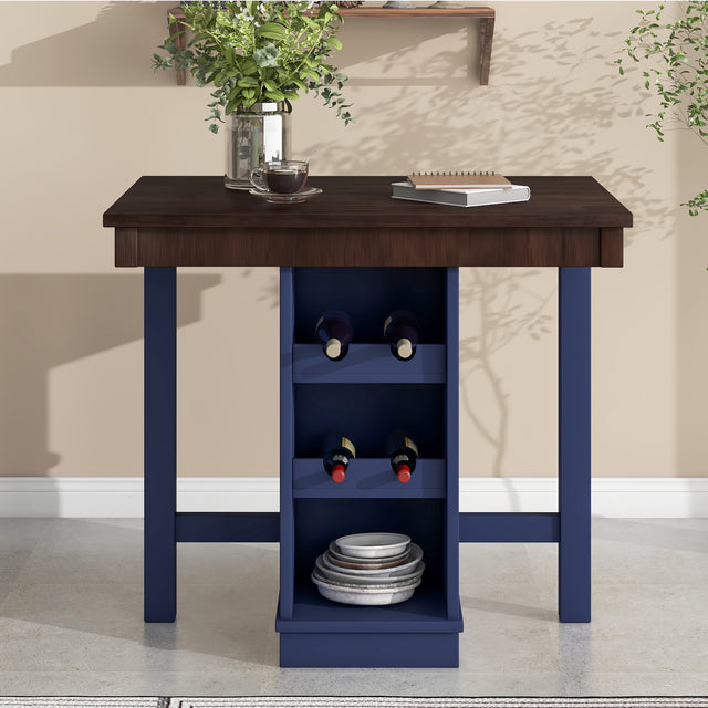 TOPMAX Farmhouse Counter Height Dining Table, Square Wood Table with 3-Tier Adjustable Storage Shelves and Wine Racks for Small Spaces, Brown and Blue