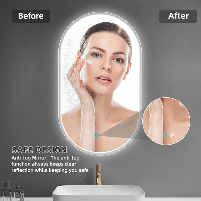 32X20 Inch Bathroom Mirror with Lights, Anti Fog Dimmable LED Mirror for Wall Touch Control, Frameless Oval Smart Vanity Mirror Vertical Hanging