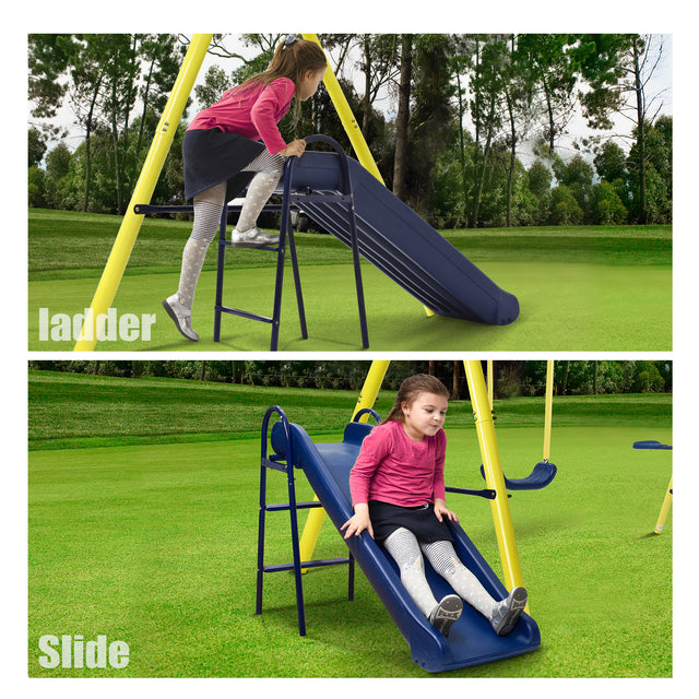 5 in 1 Outdoor Toddler Swing Set for Backyard, Playground Swing Sets with Steel Frame, Swing n' Slide Playset for Kids with Seesaw Swing, Basketball Hoop