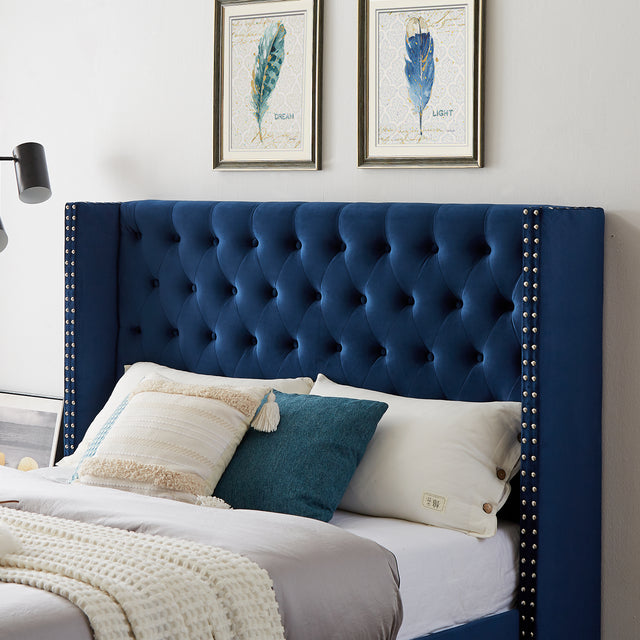 B100S Queen bed with two nightstands, Button designed Headboard,strong wooden slats + metal legs with Electroplate
