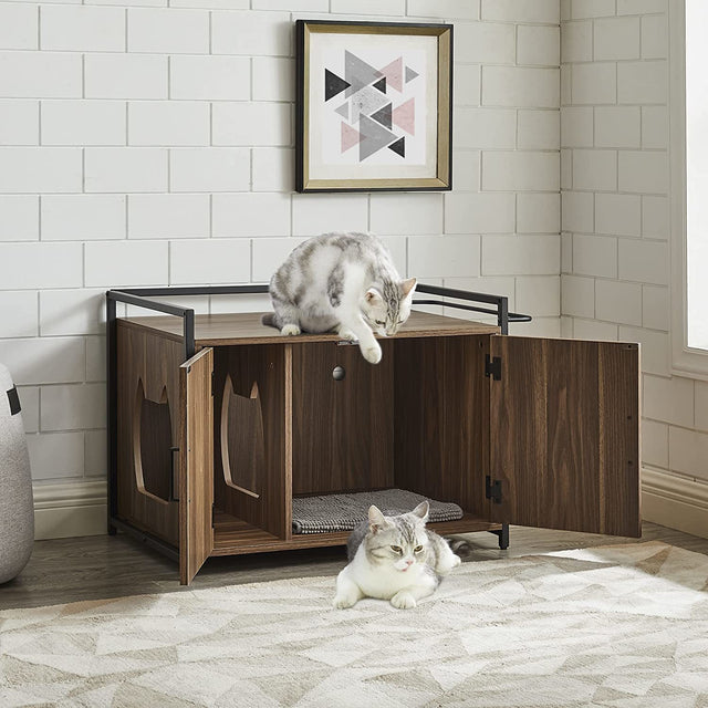 Hidden Cat Litter Box Furniture with Ventilation and Bench Seat, Pet Crate with Iron and Wood Sturdy Structure