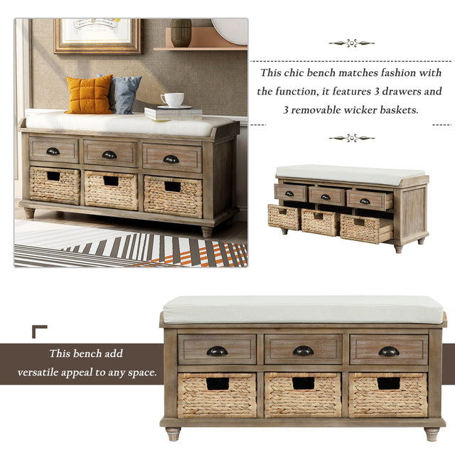 TREXM Rustic Storage Bench with 3 Drawers and 3 Rattan Baskets, Shoe Bench for Living Room, Entryway (White Washed)