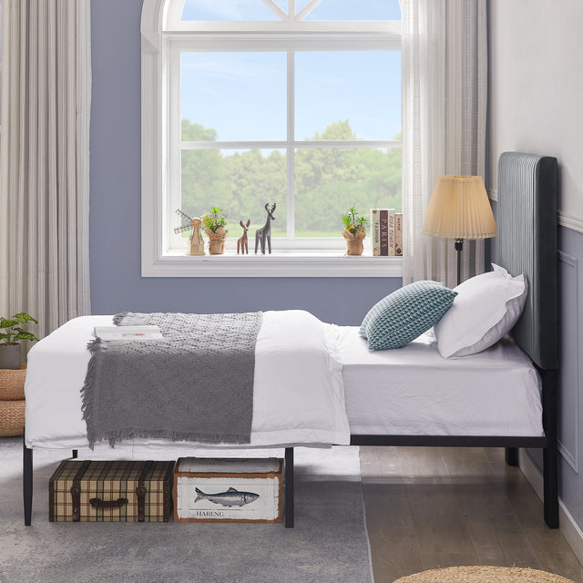 B110 Twin bed Beautiful line stripe cushion headboard  Strong iron frame with high temperature paint