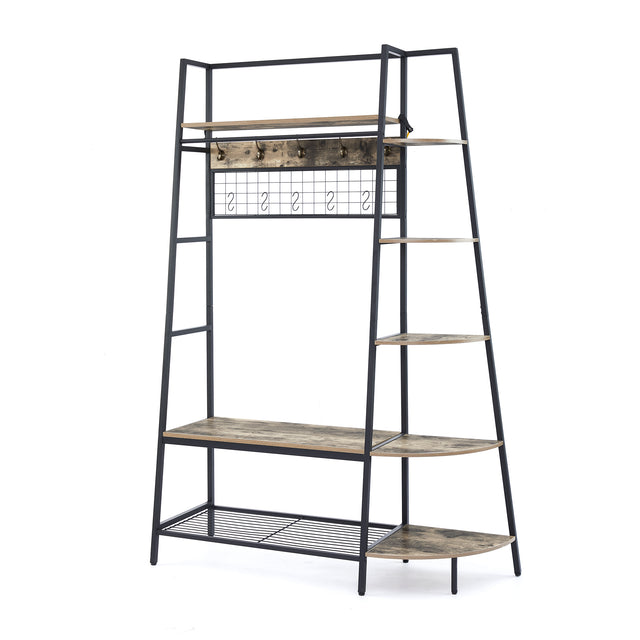 Entryway Coat Rack/ Hall Tree with Bookshelves, Multiple Hooks, and Bench Seat