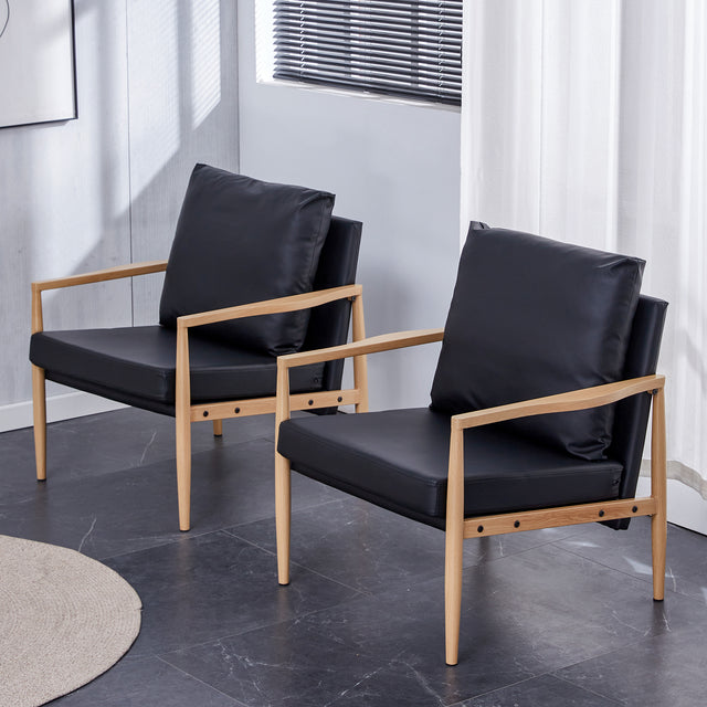 Sofa Chair  Set of 2.Black PU Leather Accent Arm Chair Mid Century Modern Upholstered Armchair with Imitation solid wood color Metal Frame Padded Backrest and  Sofa Chairs