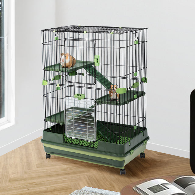 4-Tier 32"Small Animal Metal Cage Height Adjustable with Lockable Casters  Grilles Pull-out Tray for Rabbit Chinchilla Ferret Bunny Guinea Pig Squirrel Hedgehog(GREEN)(=OLD SKU:W69133216)