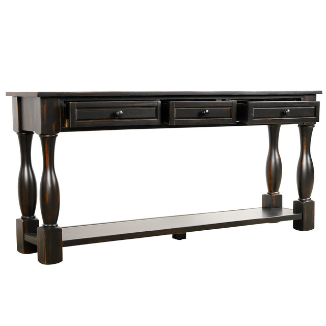 TREXM Console Table 64" Long Extra-thick Sofa Table with Drawers and Shelf for Entryway, Hallway, Living Room (Distressed Black)