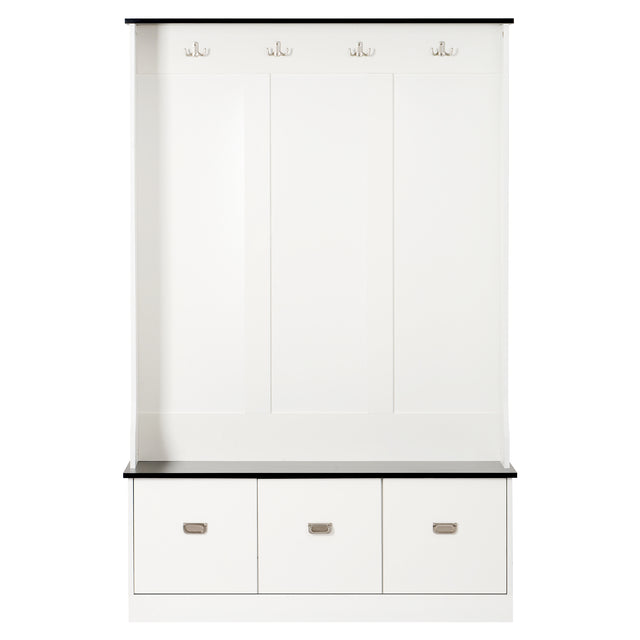 ON-TREND Two-tone Hall Tree with 4 Hooks and 3 Large Drawers, Coat Hanger, Entryway Bench, Storage Bench, 3-in-1 Design, for Entrance, Hallway (White)