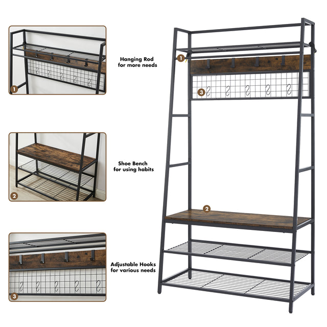 Coat Rack Entryway Organizer/ Hall Tree with Bench, Shoe Storage and Multiple Coat Hooks
