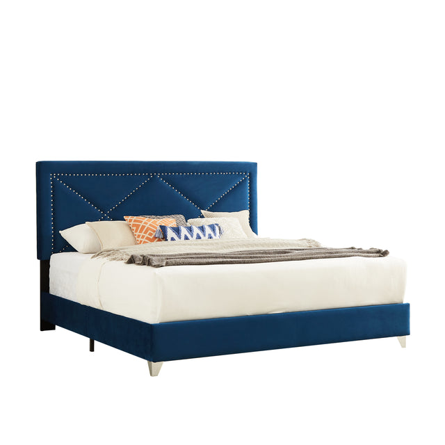 B109 King bed .Beautiful brass studs adorn the headboard, strong wooden slats + metal legs with Electroplate