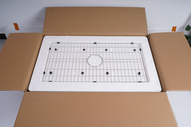 Fireclay Farmhouse Kitchen Sink 33 inch  Apron Sink Single Bowl  Farm Sink with Bottom Grid in & Drain , White Color