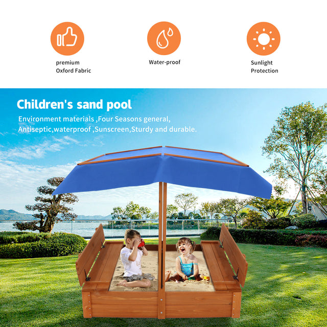 Wood Sandbox with Cover, Sand Box with 2 Bench Seats for Aged 3-8 Years Old, Sand Boxes for Backyard Garden, Sand Pit for Beach Patio Outdoor (Natural Wood)