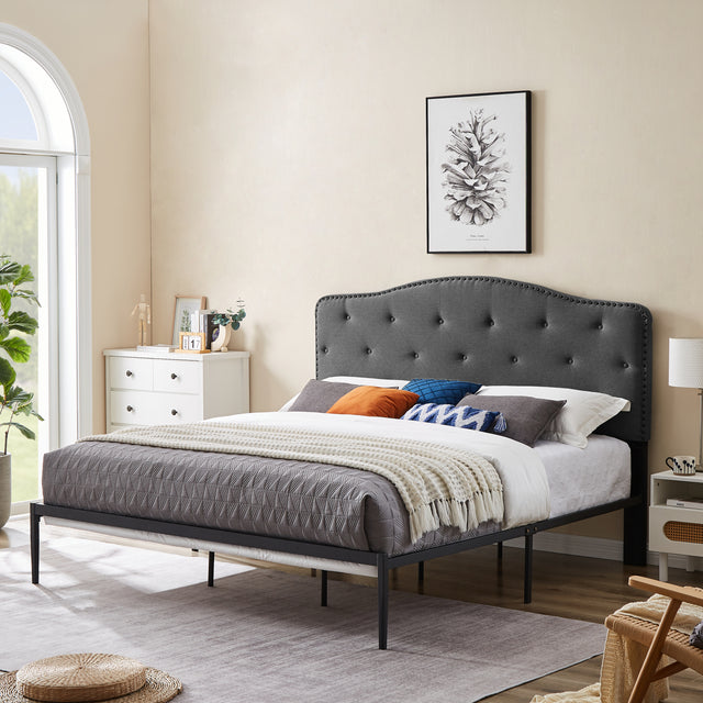B113 King bed, Beautiful headboard with buttons  Strong iron frame with high temperature paint