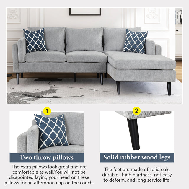 84.65" Modern Upholstered L-Shape Sofa Couch with Chaise and 2 Pillows,3-Seater Couch with rubber wood legs for Living Room,Apartment,Small Space,Light Gray