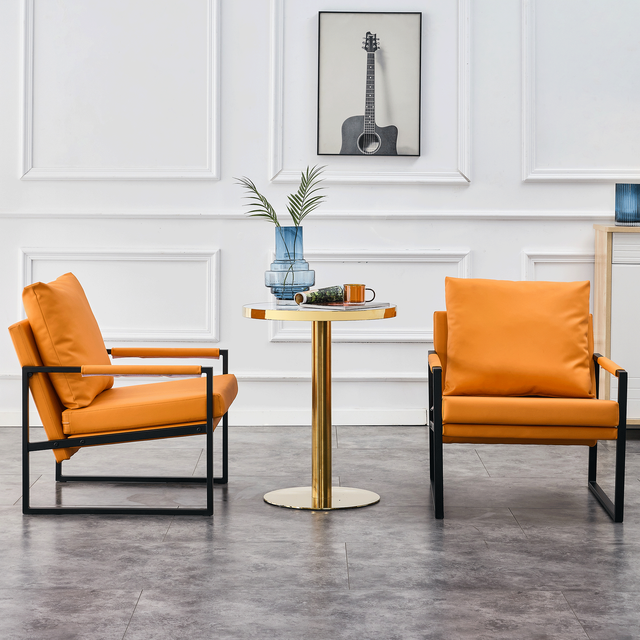 PU Leather Accent Arm Chair Mid Century Modern Upholstered Armchair with Metal Frame Extra-Thick Padded Backrest and Seat Cushion Sofa Chairs for Living Room ( orange PU Leather + Metal Frame + Foam)