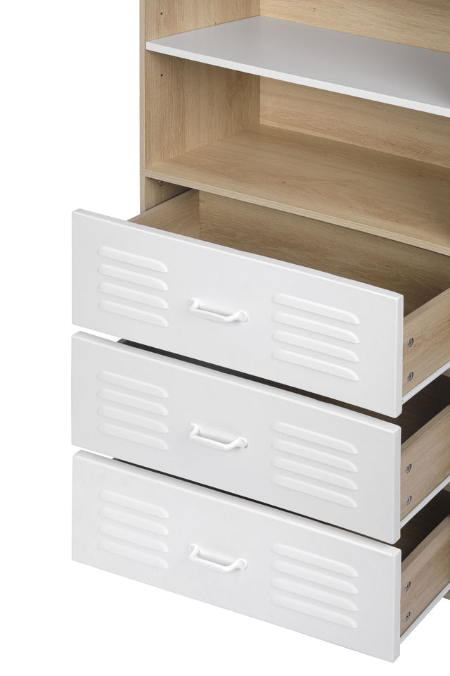 Storage Cabinet,Moline standard bookcase, 6-Shelf, Multipurpose Shelf Display Rack with Classic Tubes, Open Shelf, Industrial Bookshelf with 3 metal drawers, Space Saving