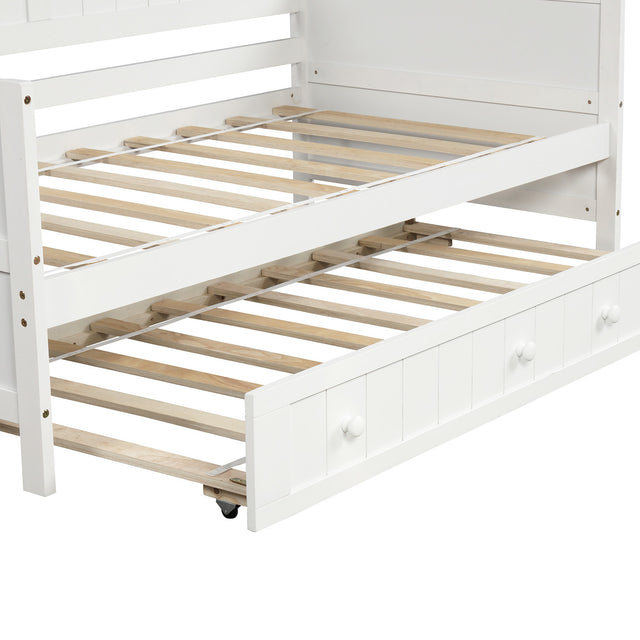 Twin Wooden Daybed with Trundle Bed, Sofa Bed for Bedroom Living Room,White