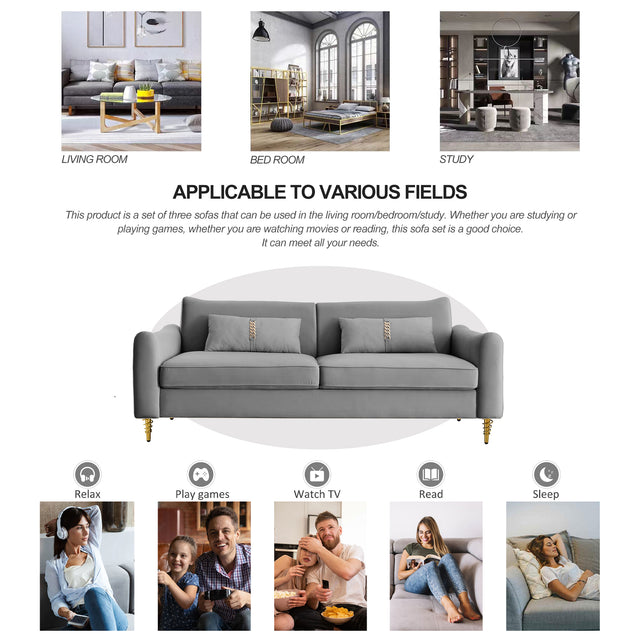 80.3" Modern Sofa Couch Upholstered Sofa Tufted Back Comfy Velvet Long Couch with 2 Pillows and Golden Legs for Living Room, Bedroom, Office, Apartment, Grey