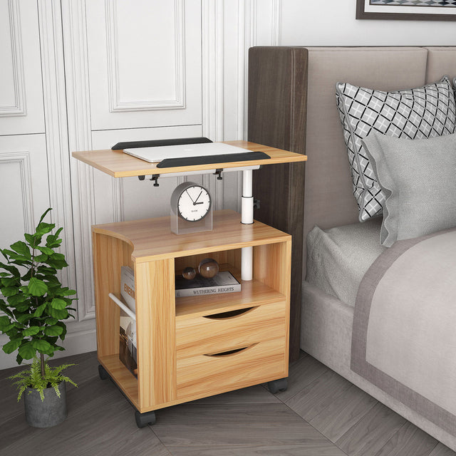Height Adjustable Overbed End Table Wooden Nightstand with Swivel Top, Storage Drawers, Wheels and Open Shelf,  (White Maple)