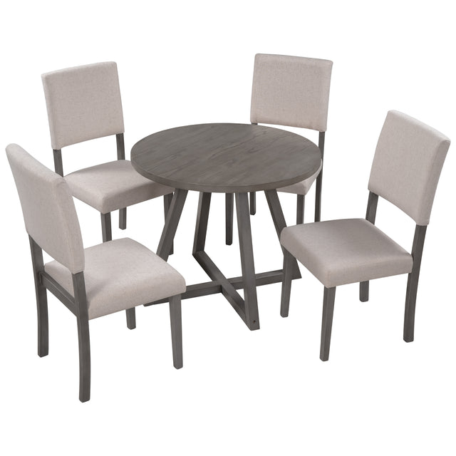 TOPMAX Mid-Century Wood  5-Piece Kitchen Dining Table Set with Round Table, 4 Upholstered Dining Chairs for Small Places, Gray Table + Beige Chair