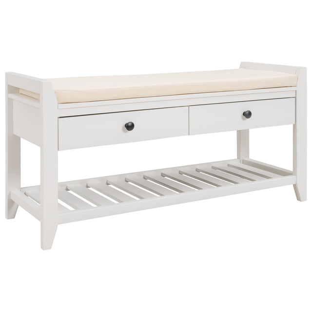 TREXM  Shoe Rack with Cushioned Seat and Drawers, Multipurpose Entryway Storage Bench (White)