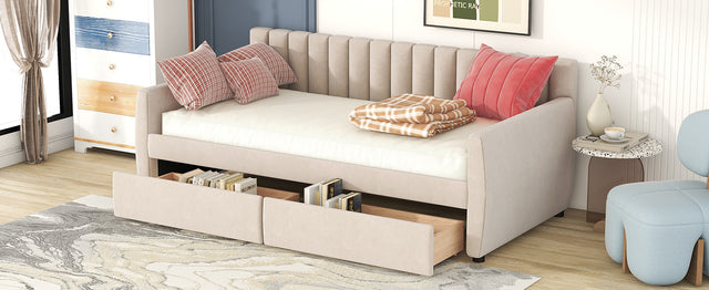 Twin Size Upholstered daybed with Drawers, Wood Slat Support, Beige