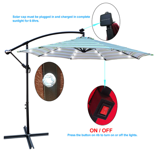 10 ft Outdoor Patio Umbrella Solar Powered LED Lighted Sun Shade Market Waterproof 8 Ribs Umbrella with Crank and Cross Base for Garden Deck Backyard Pool Shade Outside Deck Swimming Pool
