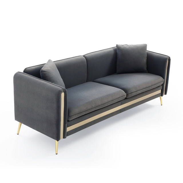 77.2” Modern Upholstered Velvet Sofa 3 Seater Couch with Removable Cushions Side Pocket Mid-Century Tufted Living Room Set Gold Metal Legs,2 Pillows Included,Grey