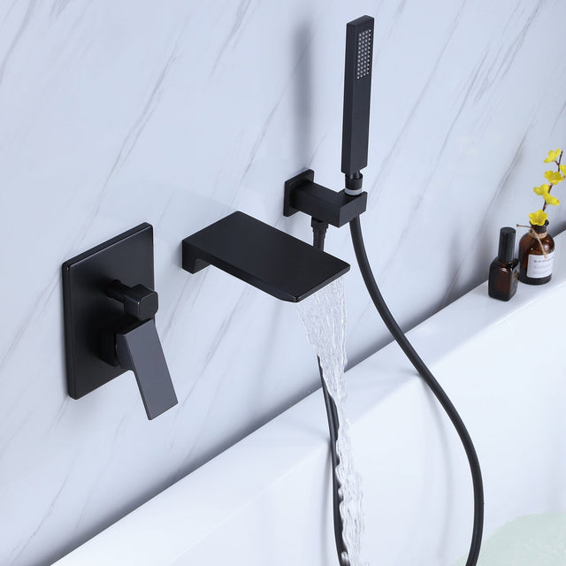Bathtub Faucet Matte Black, Waterfall Wall Mount Tub Filler Faucet with Handheld Shower Brass, Waterfall Spout High Flow Wall Mount Tub Faucet