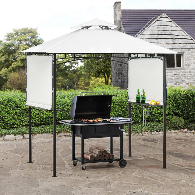 TOPMAX 13Ft.Lx4.5Ft.W Iron Double Tiered Backyard Patio BBQ Grill Gazebo with Bar Counters&Extendable Shades, White