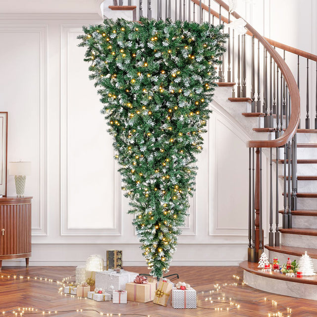 Upside Down Green Christmas Tree, Xmas Tree with LED Warm White Lights, Green leaves with part spraying White, Reinforced Metal Base & Easy Assembly 7.4ft X-mas