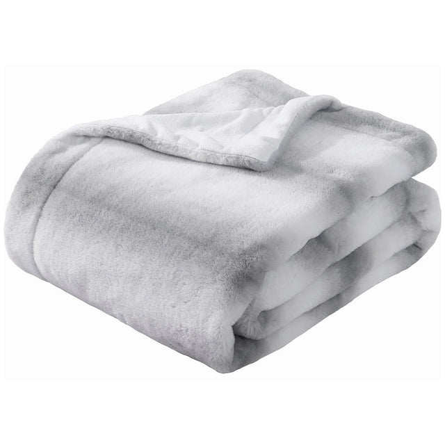 Printed Faux Rabbit Fur Throw, Lightweight Plush Cozy Soft Blanket, 50" x 60", Grey Strip
