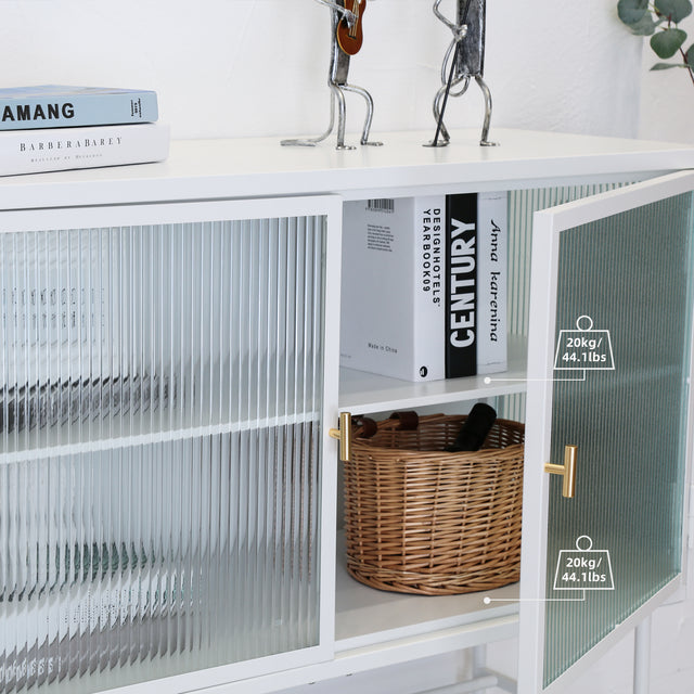 White Sideboard Storage Cabinet With Two Fluted Glass Doors Detachable Shelves Bottom Space for Living Room, Office, Dinging Room and Entryway