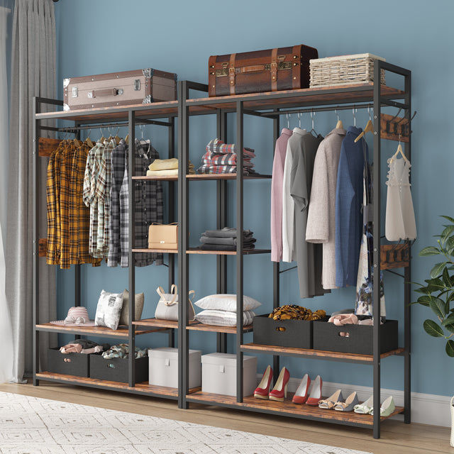 JHX Organized Garment Rack with Storage, Free-Standing Closet System with Open Shelves and Hanging Rod(Rustic Brown,45.3’’w x 15.75’’d x 70.08’’h).