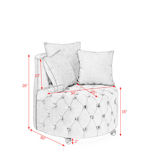 Velvet Upholstered Swivel Chair for Living Room, with Button Tufted Design and Movable Wheels, Including 3 Pillows, Beige