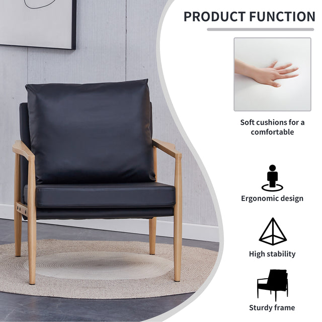 Sofa Chair.Black PU Leather Accent Arm Chair Mid Century Modern Upholstered Armchair with Imitation solid wood color Metal Frame Padded Backrest and Seat Cushion Sofa Chairs for Living Room