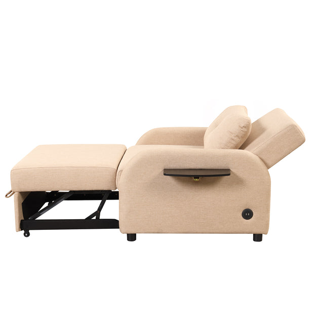 pull out sofa sleeper 3 in 1 with 2 wing table and usb charge for nap line fabric for living room recreation room Beige
