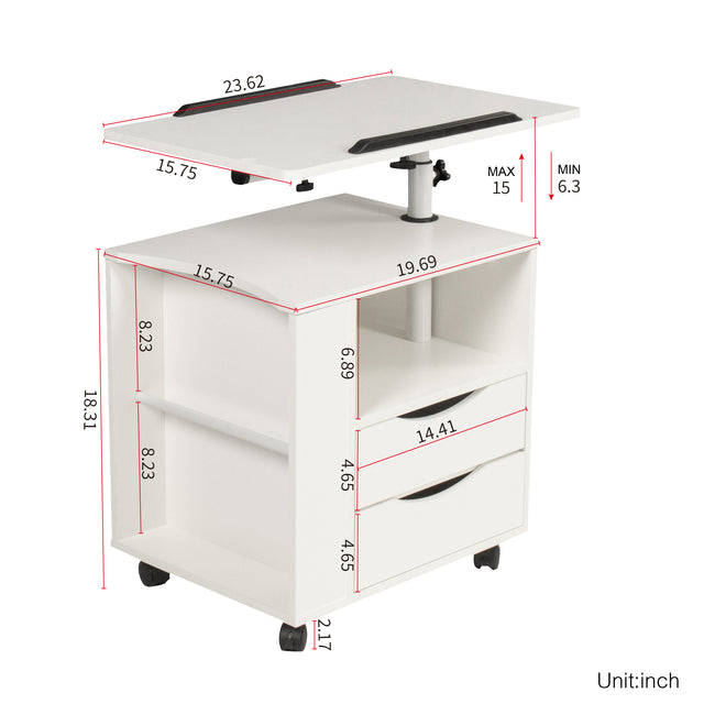 Height Adjustable Overbed End Table Wooden Nightstand with Swivel Top, Storage Drawers, Wheels and Open Shelf,(White)