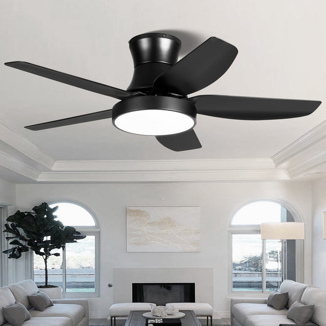 46 Inch Black Flush Mount Ceiling Fan with Light and Remote Control, Low Profile Ceiling Fan with 5 blades, 3 Light Color, 6 Speeds for Living Room, Bedroom, Children room, Matte Black