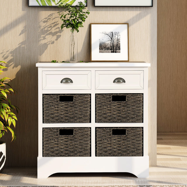 TREXM Rustic Storage Cabinet with Two Drawers and Four  Classic Rattan Basket for Dining Room/Living Room (White)