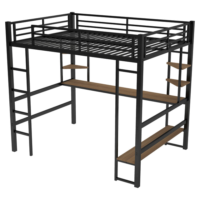 Full Size Loft Metal&MDF Bed with Long Desk and Shelves,Black(OLD SKU:SM000608AAB-1)