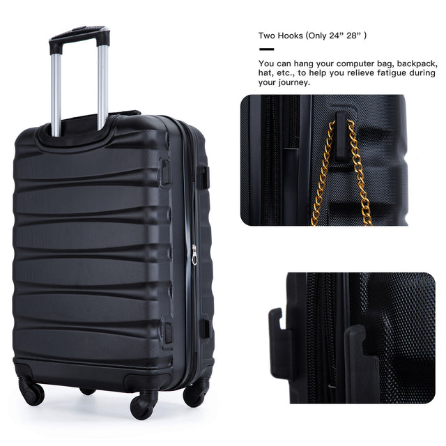 Expandable 3 Piece Luggage Sets ABS Lightweight Suitcase with Two Hooks, Spinner Wheels, TSA Lock, (20/24/28) Black
