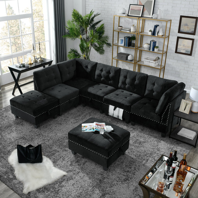 L shape Modular Sectional Sofa，DIY Combination，includes Three Single Chair ，Two Corner and Two Ottoman，Black Velvet.