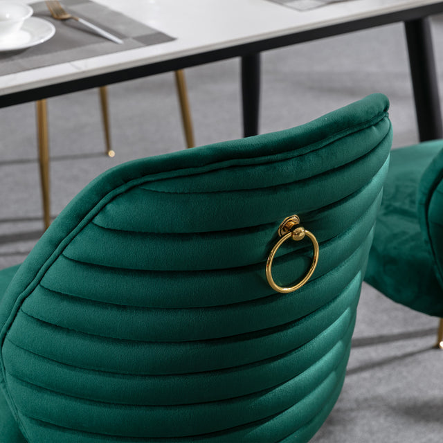 Modern Dining Chair Set of 2, Woven Velvet Upholstered Side Chairs with Barrel Backrest and Gold Metal Legs, Accent Chairs for Living Room Bedroom,Green