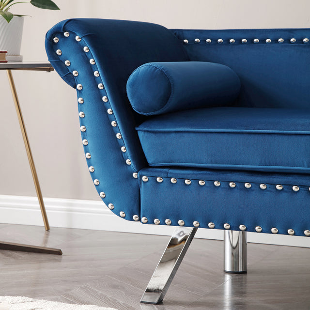 61“Width Modern Accent Velvet Upholstered Loveseat Settee Nailhead Trimming Curved Backrest Rolled Arms Couch with Removable Cushion Silver Metal Legs Living Room Set,Blue